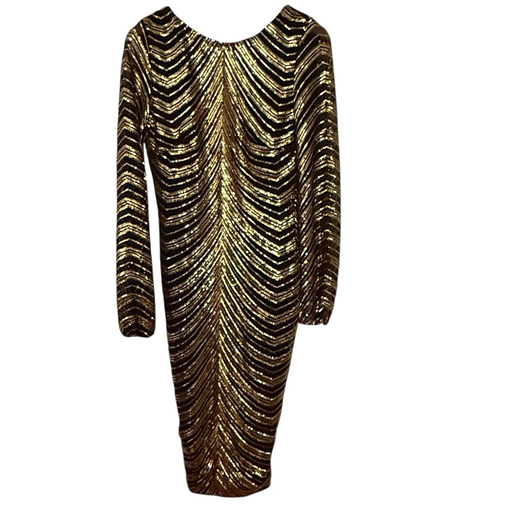 Fashion Nova Women's Size XL Black Gold Sequin Long Sleeve Open Back Dress